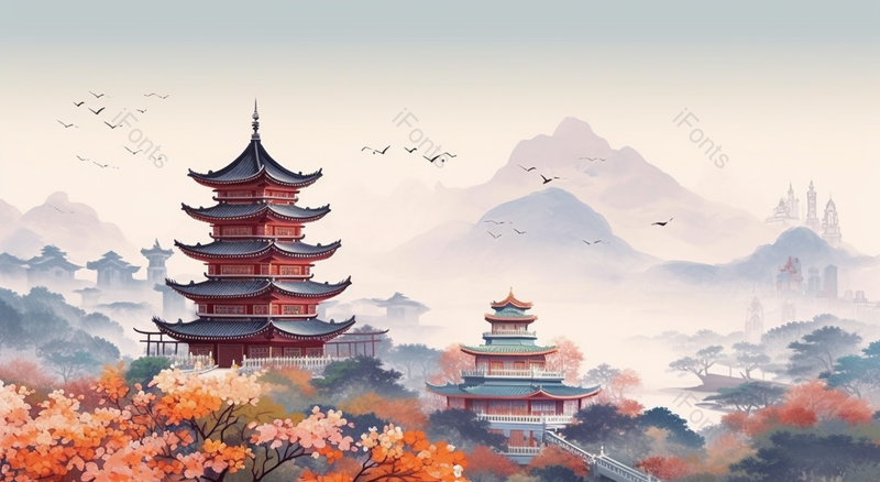 国潮风武汉黄鹤楼地标建筑背景山水画,插画/手绘图,插画/手绘图库,插画/手绘图下载,插画/手绘
